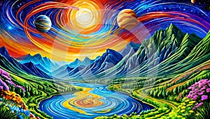 Universe galaxy sun ray energy planet rotation nature mountain valley river