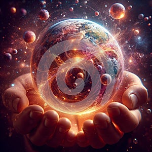 Universe held in the hand by people. Universe creation concept.