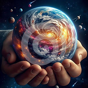 Universe held in the hand by people. Universe creation concept.