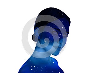 Universe hidden in human, mindfulness, imagination, art, creativity, inner power concepts. Silhouette of woman and starry sky or