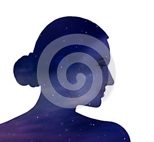 Universe hidden in human, mindfulness, imagination, art, creativity, inner power concepts. Silhouette of woman and starry sky or