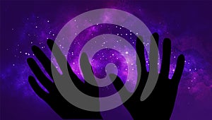 Universe illustration. Stars, deep space with hands. Violet fantasy background