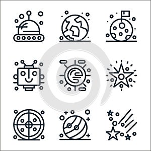 universe line icons. linear set. quality vector line set such as shooting star, universe, radar, star, sun, space robot, moon