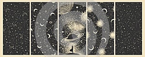 Universe mystical banner, a woman touches the planet, a pattern with the sun and moon, constellations on a black
