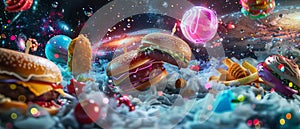 the universe with planets, stars, and galaxies, transformed into fast food styled like neon lights