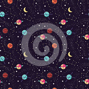 Universe with planets and stars seamless pattern, cosmos starry night sky