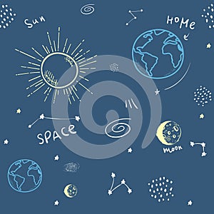 Universe seamless pattern vector illustration. doodle Cartoon galaxy with comets, asteroids, stars, sun, moon, earth