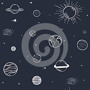 Universe seamless pattern vector illustration. doodle Cartoon galaxy with comets, asteroids, stars, sun, moon, earth