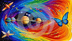 Universe space travel movement vibrant color butterfly planet life