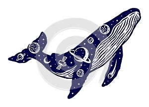 Universe and whale silhouettes vector illustration