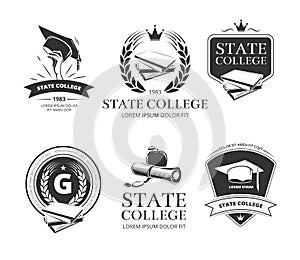 University, academy, college and school vector emblems, labels, badges