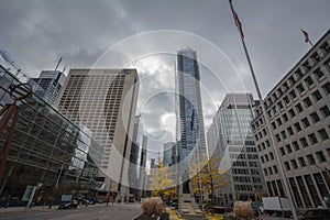 University Avenue in Downtown Toronto, a typical CBD American street with the Adam Beck statue, office buildings