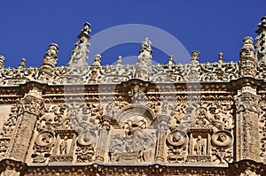 University Building plateresque facade details from Downtown of Salamanca City. Spain.