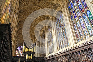 Roof and Colorful glass of Chapel in King`s College in Cambridge University