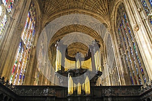 Vault and Organ of Chapel in King`s College in Cambridge University