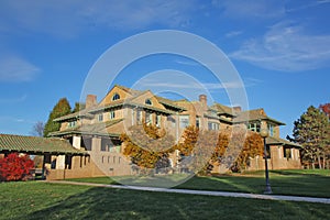 University campus building and fall foliage