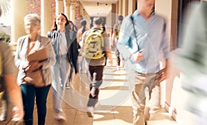 University, campus and busy students walking to class for learning, studying and education. College, crowd and group of