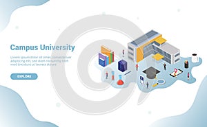 University campus life concept with big building and some related icon in education for website template landing homepage with