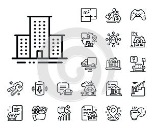 University campus line icon. Apartments sign. Architecture buildings. Floor plan, stairs and lounge room. Vector