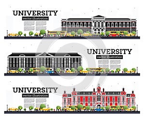 University Campus Set. Study Banners Isolated on White. Vector Illustration. Students Go to the Main Building of University