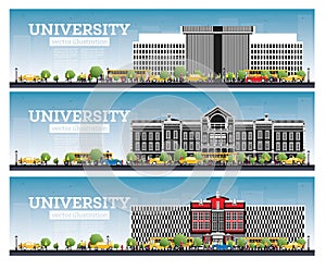 University Campus Set. Study Banners. Vector Illustration. Students Go to the Main Building of University