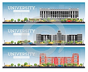 University Campus Set. Study Banners. Vector Illustration. Students Go to the Main Building of University