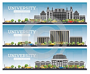 University Campus Set. Study Banners. Vector Illustration. Students Go to the Main Building of University