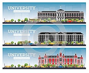 University Campus Set. Study Banners. Vector Illustration. Students Go to the Main Building of University