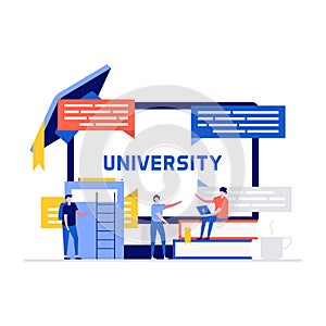 University campus vector illustration concept with students and school elements. Modern flat style for landing page, mobile app,