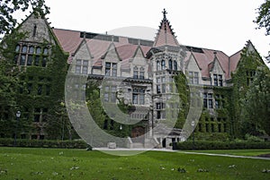 The University of Chicago. Building in English gothic style in garden.