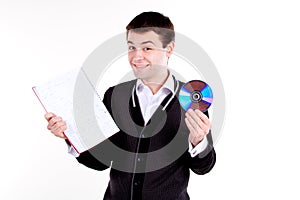 University college student with textbook and cd