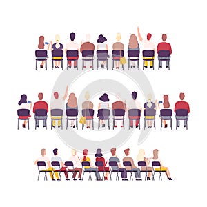 University or College Students Sitting on Chairs in Class, Back View of Young People Studying Together Flat Vector