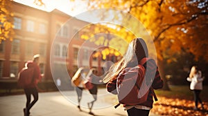 University or college students walking in blurred motion, crowded path to class, campus life concept