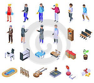 University department icons set isometric vector. Student campus