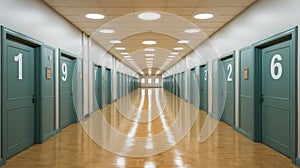 University Dormitory Hallway With Room Numbers On Doors. Generative AI