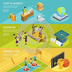 University Education 3 Isometric Horizontal Banners