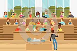 University Education with Professor at Table and Students Vector Illustration