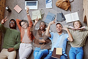 University floor, diversity portrait and students coworking on group research project, college study or education