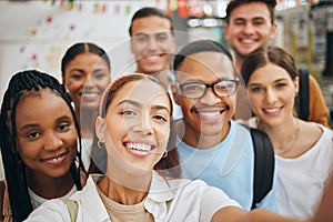 University friends, students and group selfie for social media at college, school and campus. Portrait of diversity