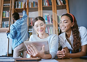 University friends, women students and library tablet research connect for knowledge, learning and college education