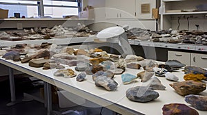 A university geology lab with rock samples and equipment three created with generative AI