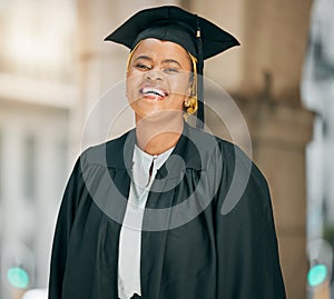 University graduate, portrait and happy black woman with school success, college education achievement or happiness