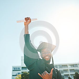 University graduation, black man with student success or portrait with lens flare of sunshine. Celebrate achievement on