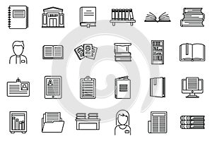 University library icons set, outline style