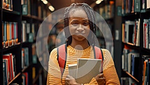 University Library Study: Portrait of a Smart Beautiful Black Girl Holding Study Text Books Smilin