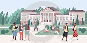 University park. Young people groups walking with books in student campus. Cartoon cityscape with college building