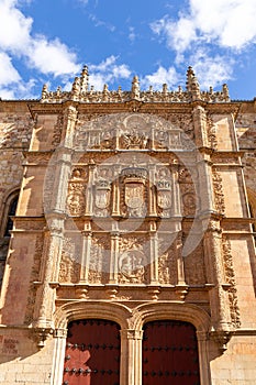 University of Salamanca, front stone Plateresque facade of Escuelas Mayores building , Spain.