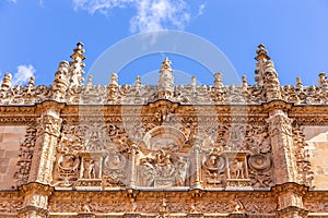 University of Salamanca, front stone Plateresque facade, Spain.