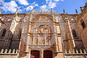 University of Salamanca, front stone Plateresque facade, Spain.
