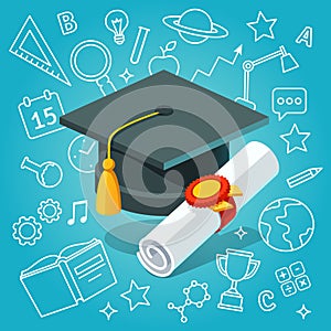 University student cap mortar board and diploma